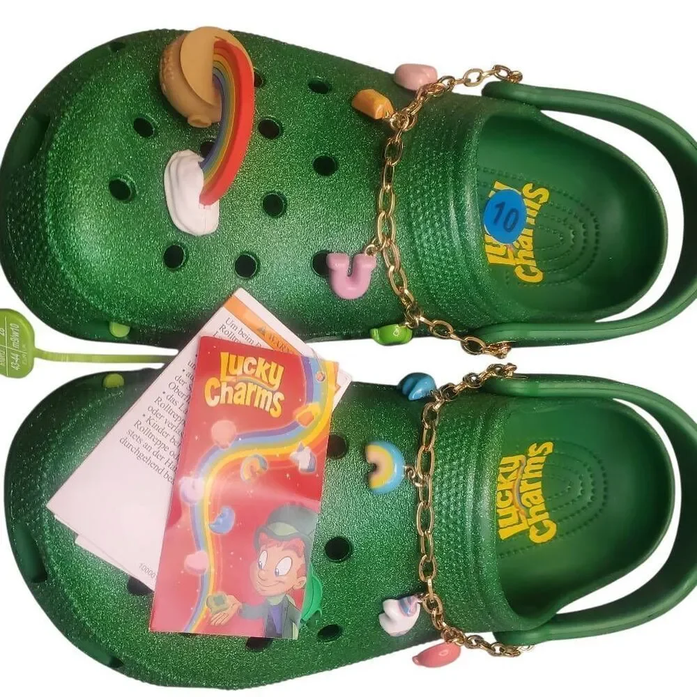 CROCS Lucky Charms Glitter Green With Tons Of Jibbitz BRAND NEW!  Size W 10, M 1